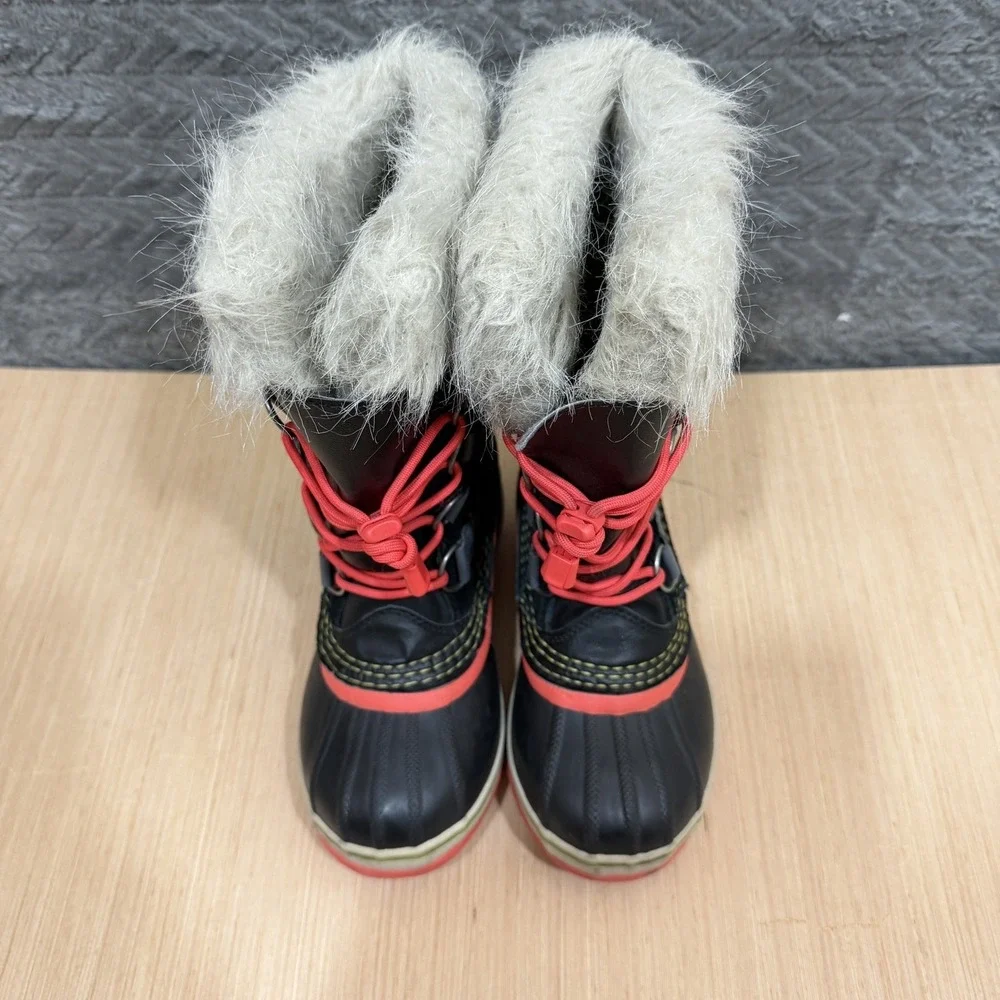 Sorel Boots Youth Size 2 Black Red Faux Fur Winter Snow Waterproof Insulated